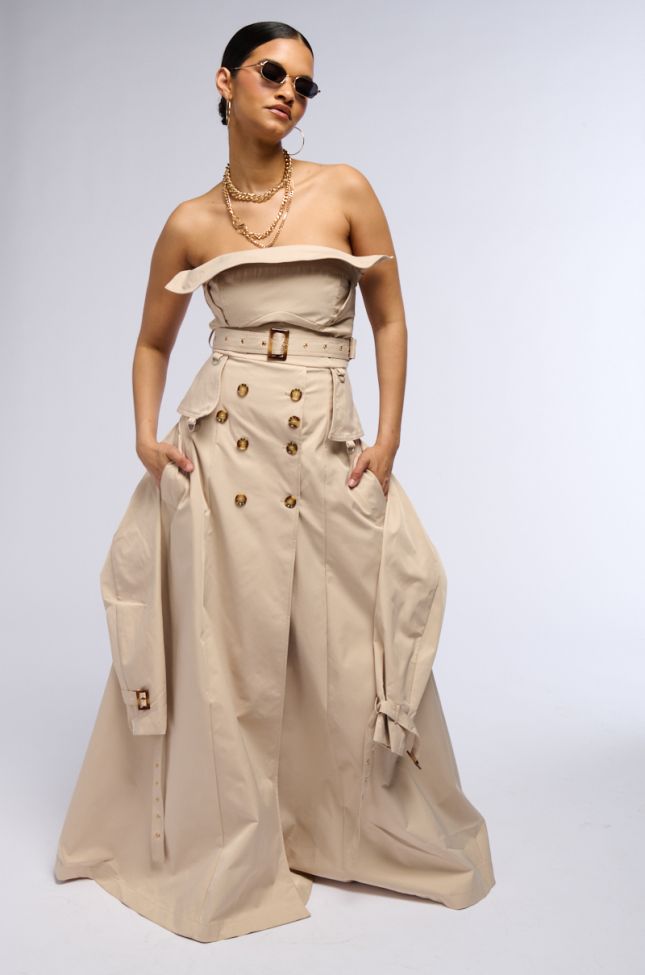 Front View Strapless Trench Maxi Dress