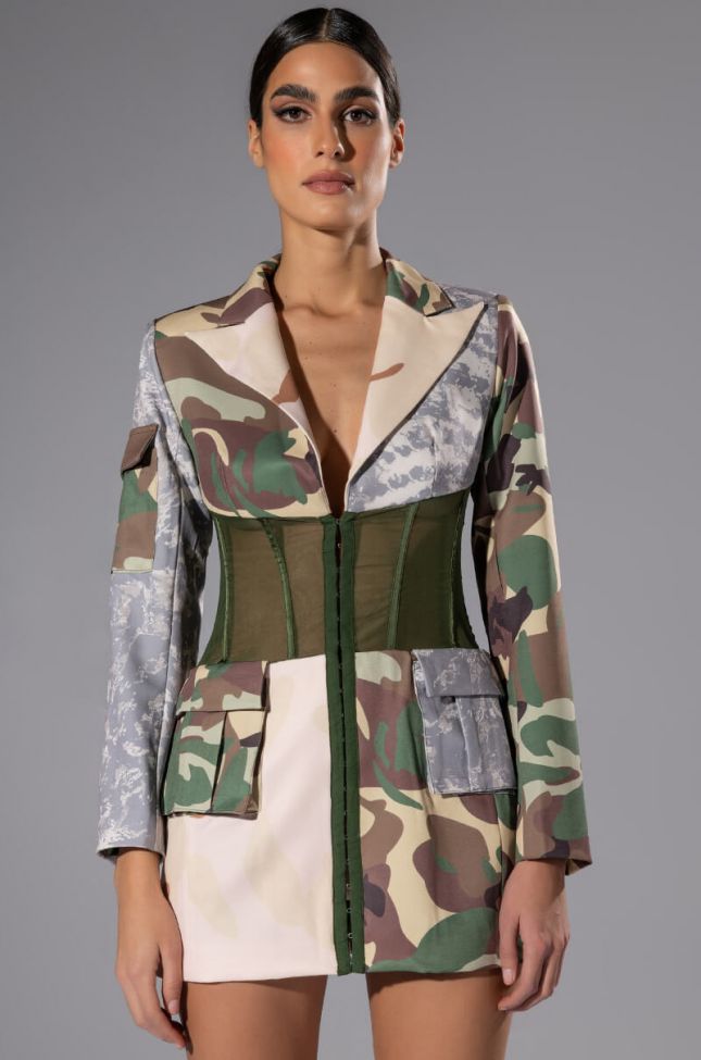 Front View Strong One Patchwork Camo Corset Blazer