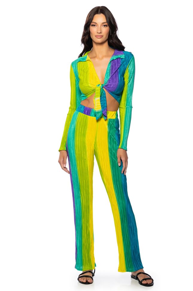 Front View Summer Breeze Pleated Tie Front Top And Pant Set