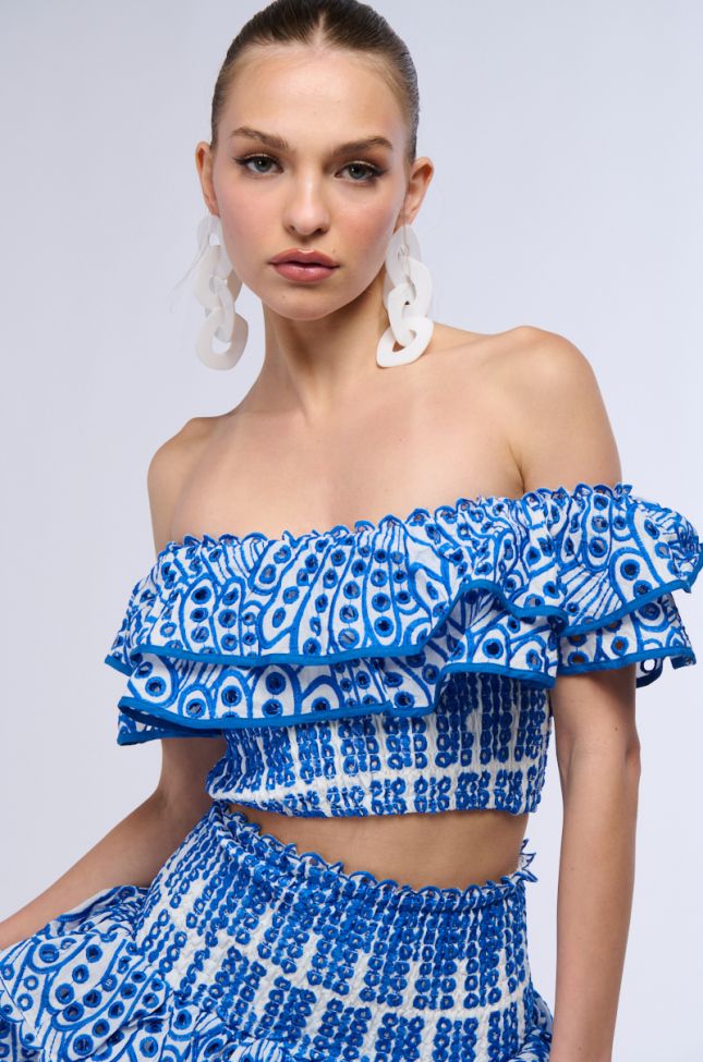Front View Summer Loving Off The Shoulder Ruffle Crop Blouse In Blue