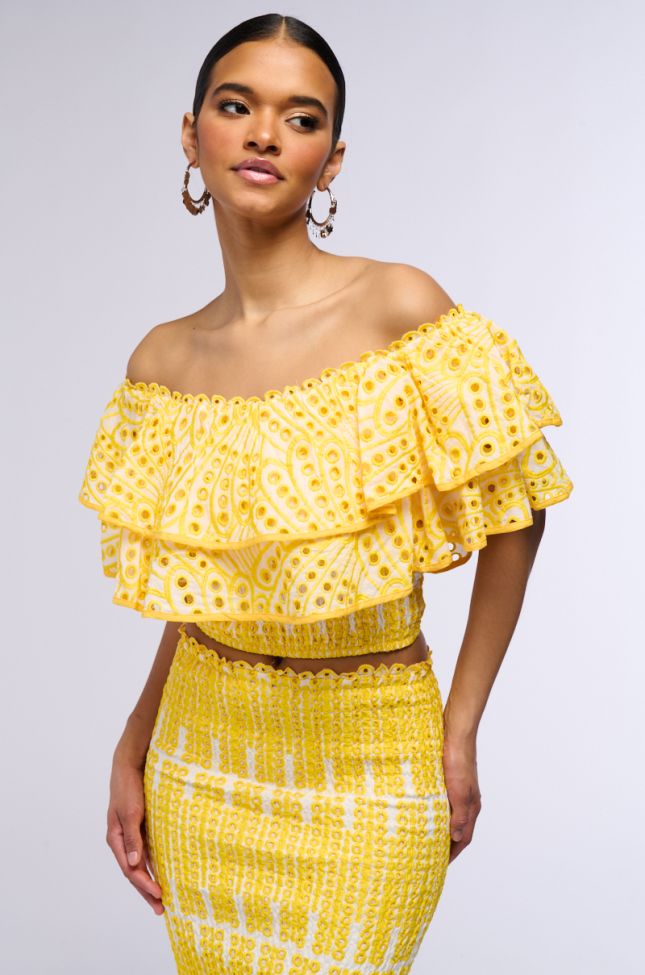 Side View Summer Loving Off The Shoulder Ruffle Crop Blouse In Yellow