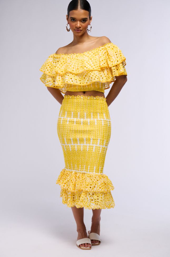 Full View Summer Loving Ruffle Textured Midi Skirt In Yellow