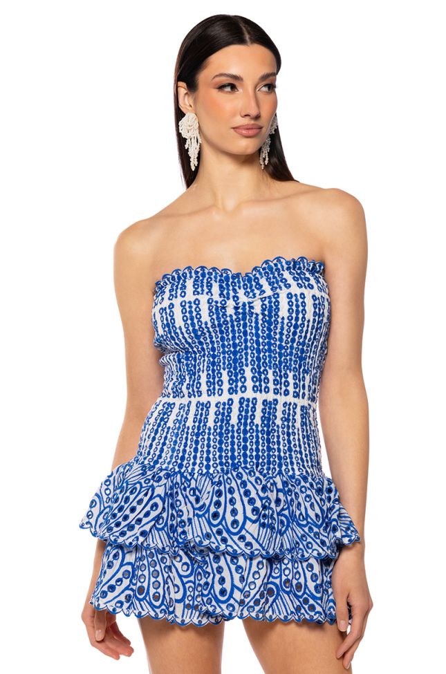 Front View Summer Of Love Smocked Eyelet Strapless Mini Dress