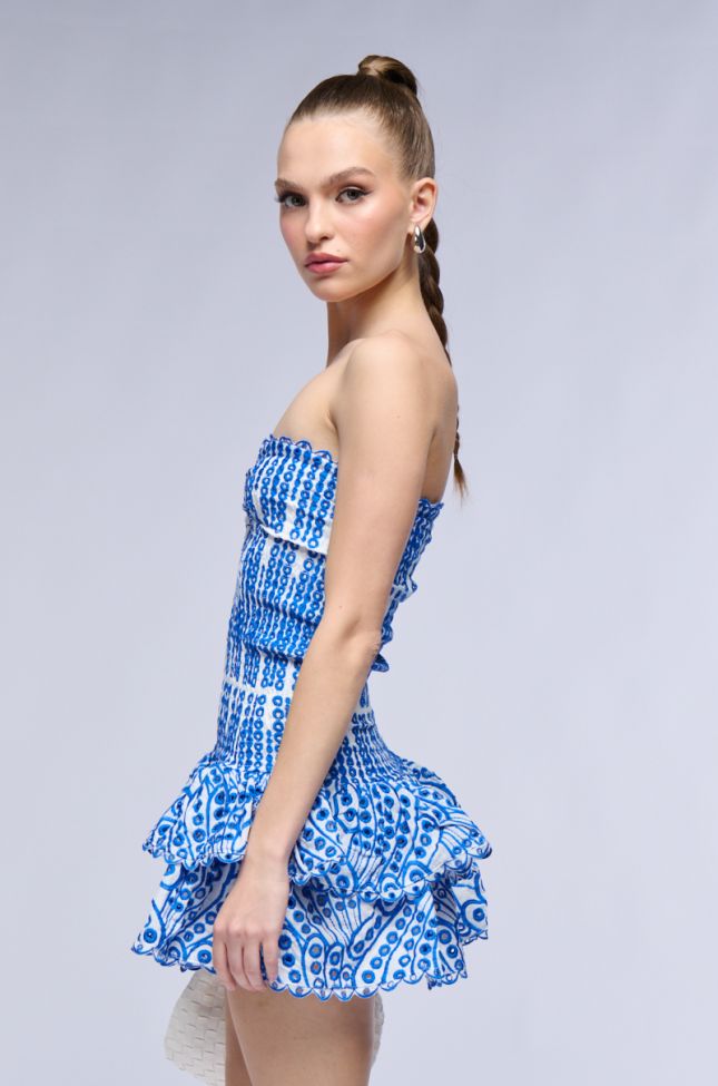 Front View Summer Of Love Smocked Eyelet Strapless Mini Dress