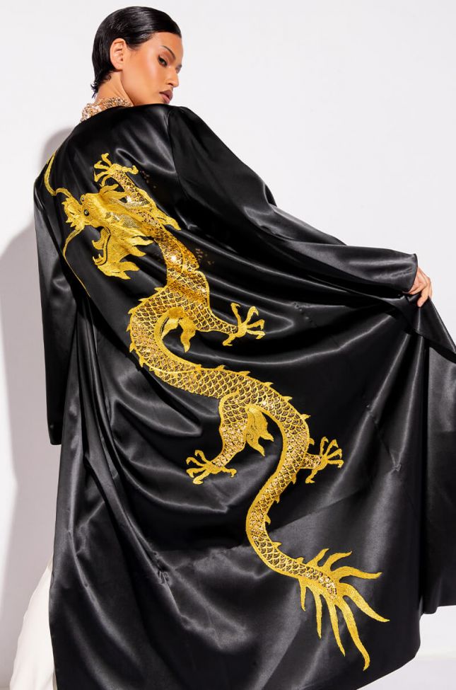 SUMPTUOUS SATIN DUSTER WITH EMBROIDERED DRAGON