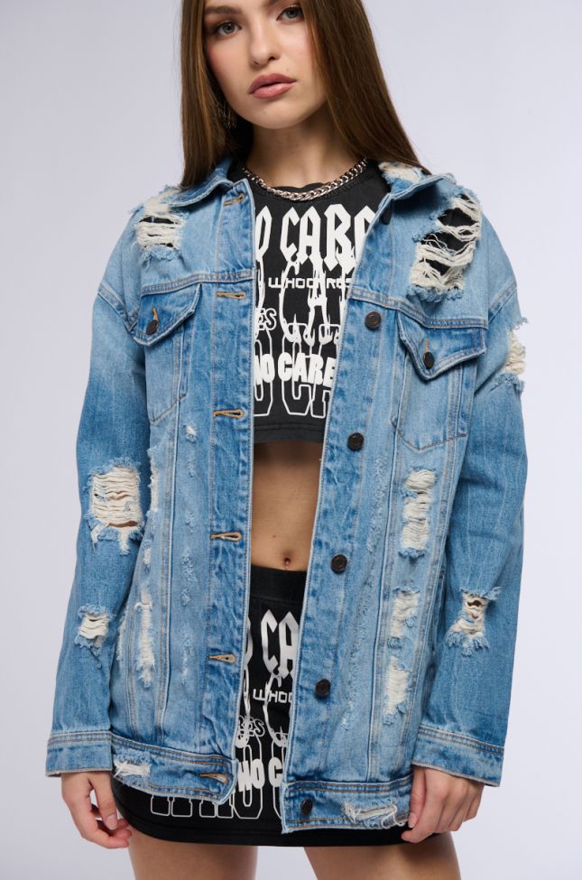 Front View Sunny Day Distressed Denim Jacket
