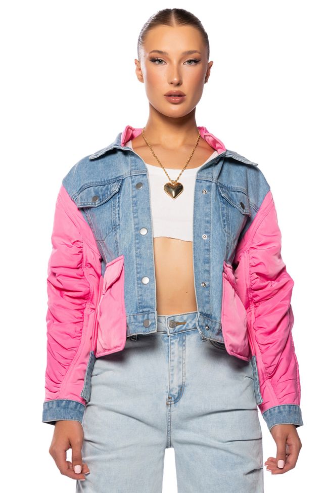 Front View Supernova Mixed Media Denim Bomber In Pink