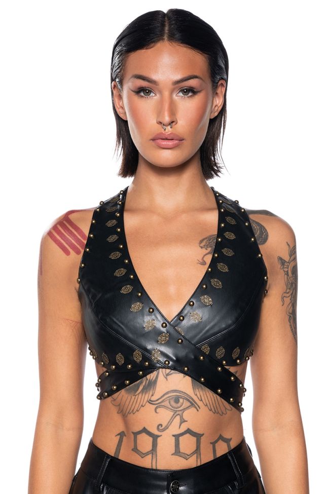 Front View Superstar Status Faux Leather Wrap Front Crop Top