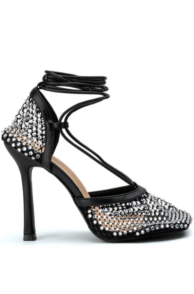 Front View Superstar Status Square Toe Netted Strappy Pump In Black