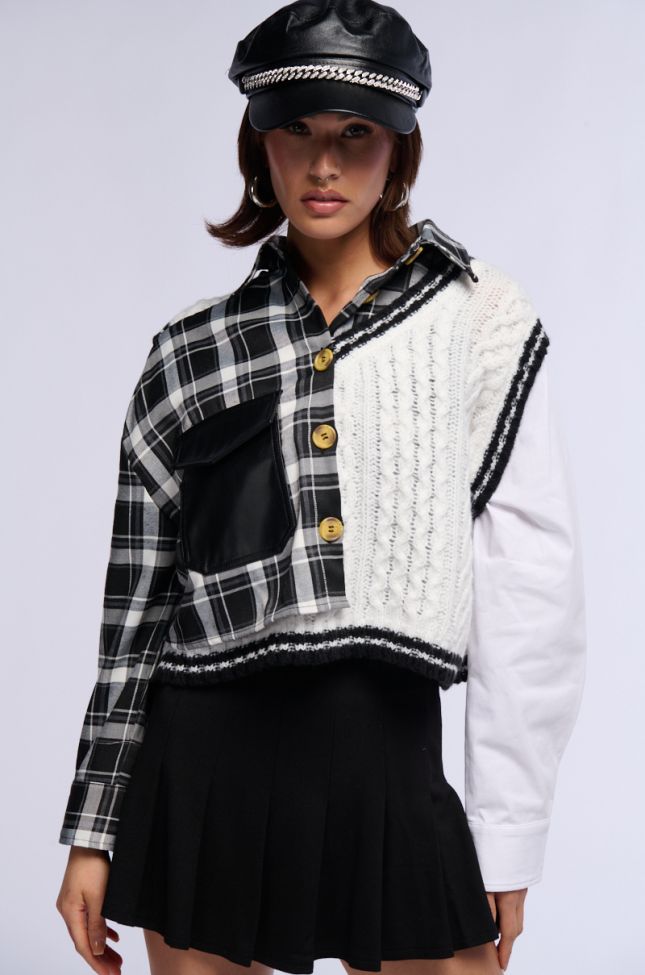 Front View Sweater Weather Buttoned Patchwork Plaid Top