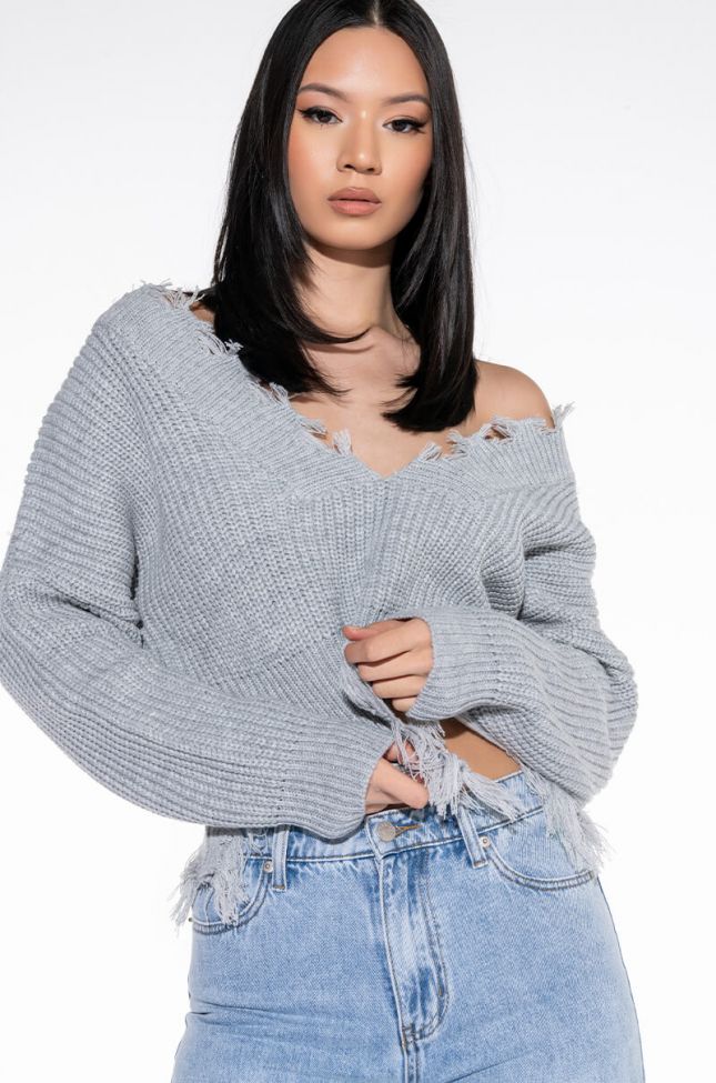 Front View Sweater Weather Distressed Long Sleeve Cropped Sweater