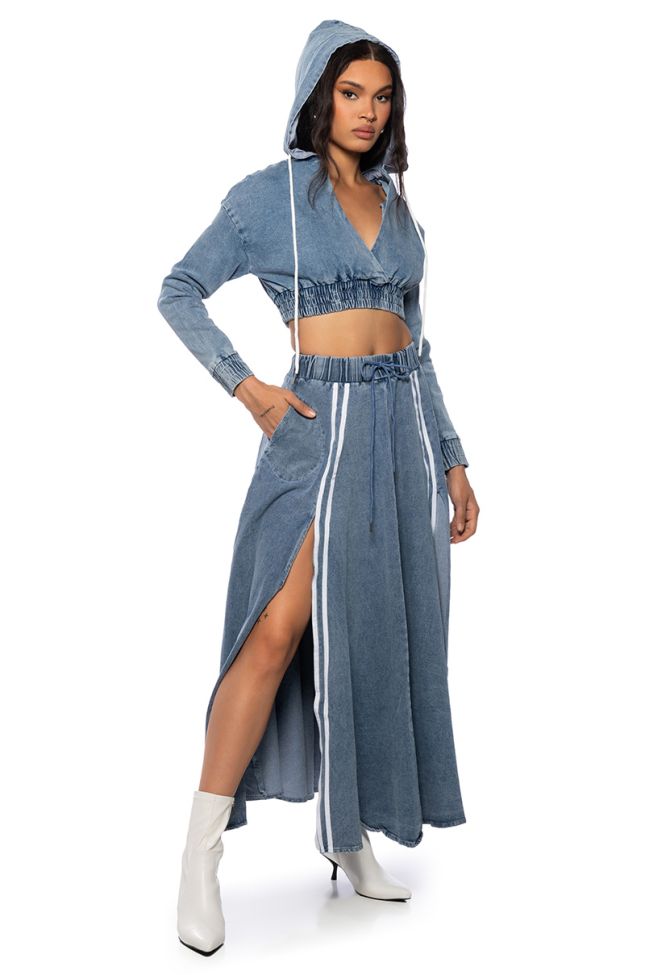 Side View Sweet Nothings Striped Denim Maxi Skirt