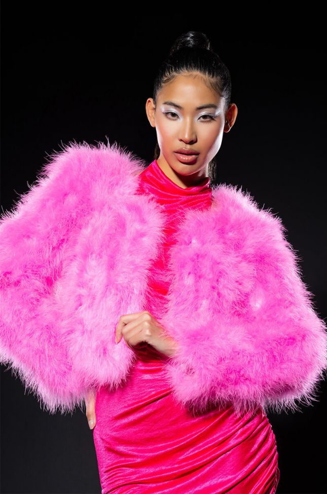 Front View Sweet Talk Ostrich Feather Jacket In Pink