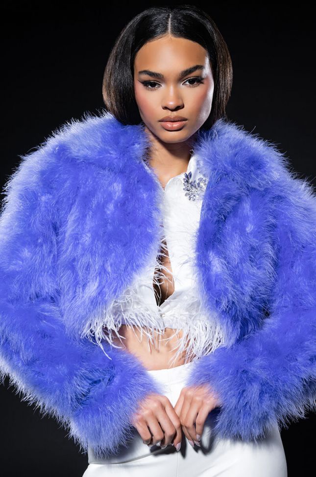 Front View Sweet Talk Ostrich Feather Jacket In Purple