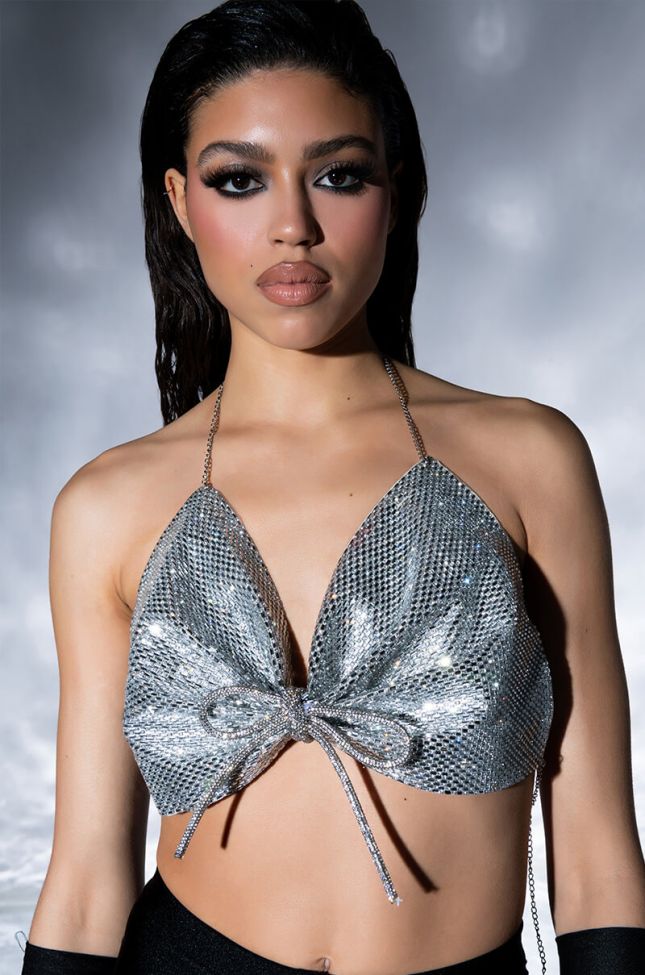 Front View Sweet Thang Sleeveless Embellished Crop Top In Silver