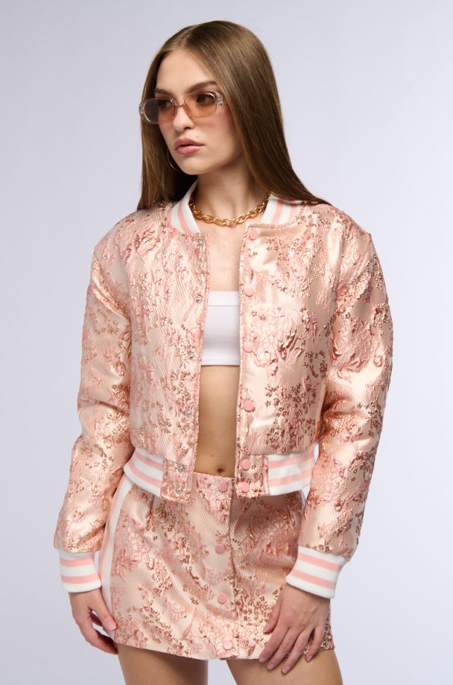 Front View Sweet Thing Brocade Bomber In Pink