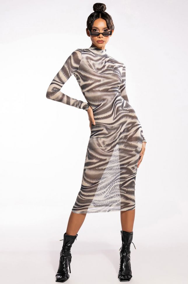 Front View Swirl Print Mesh Long Sleeve Midi Dress