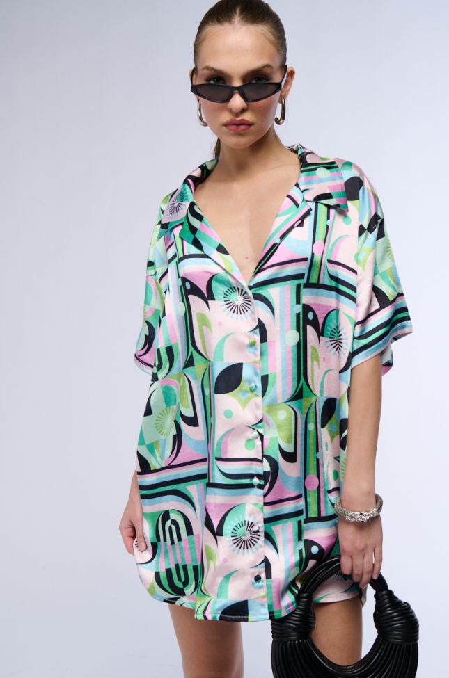 Front View Take It Easy Satin Button Up Shirt Dress