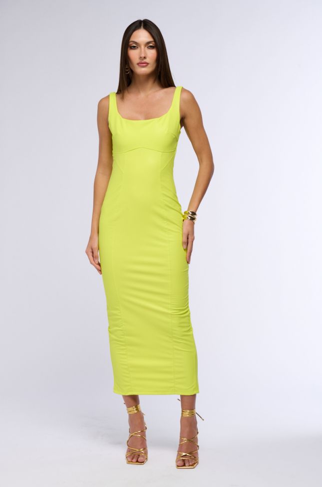 Back View Take Me Out Faux Leather Maxi Dress In Lime