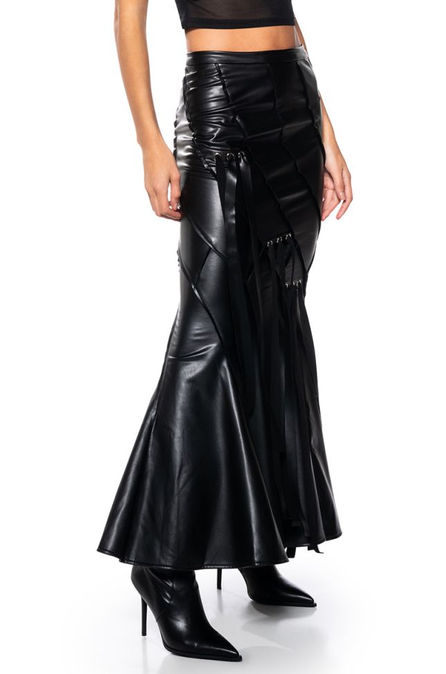 Front View Take Some Time Faux Leather Mermaid Maxi Skirt