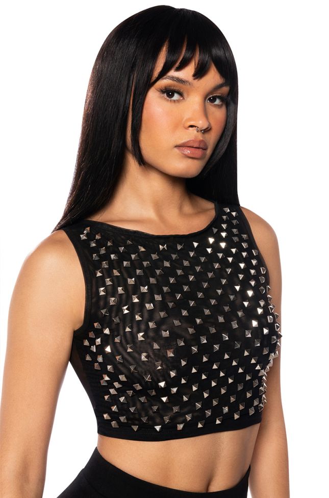 Front View Talk Is Cheap Studded Mesh Boat Neck Top