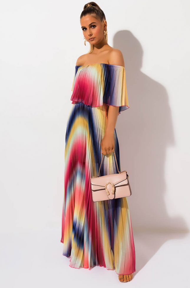 Front View Taste The Rainbow Pleated Maxi Dress in White Rbw