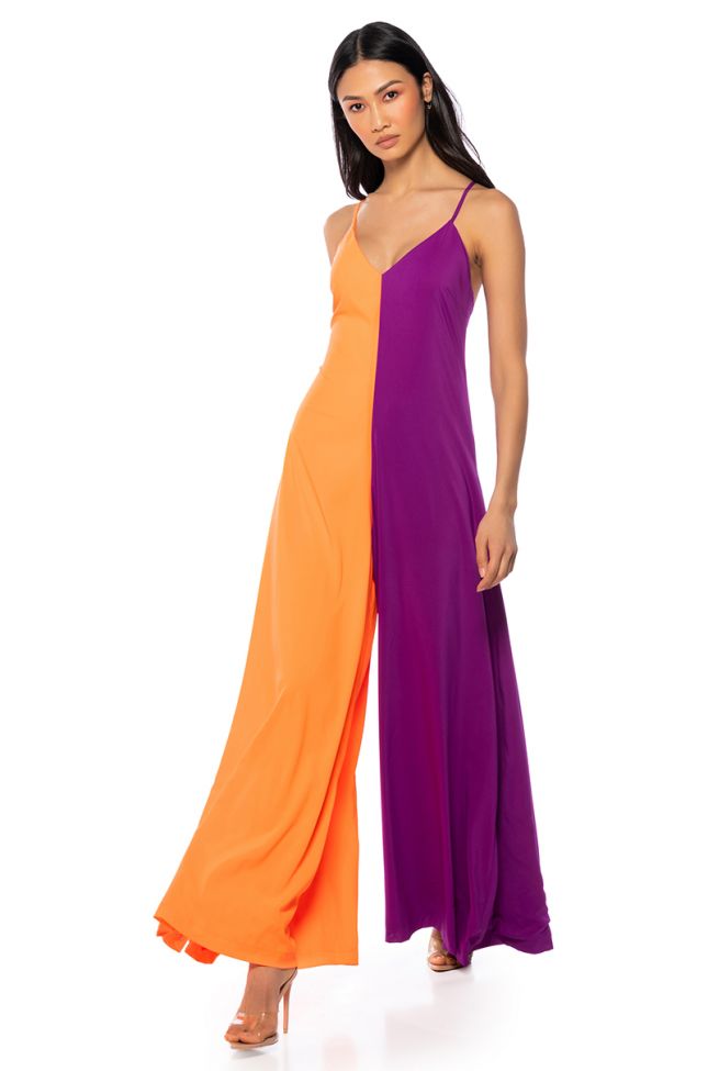 Front View Tatiana Color Blocked Sleeveless Jumpsuit In Purple Multi