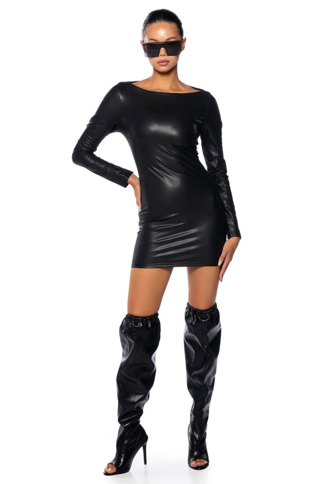 Side View Taylor Long Sleeve Faux Leather Mini Dress