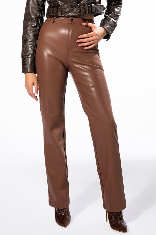Front View Te Quiero High Rise Vegan Leather Straight Leg Pants In Brown