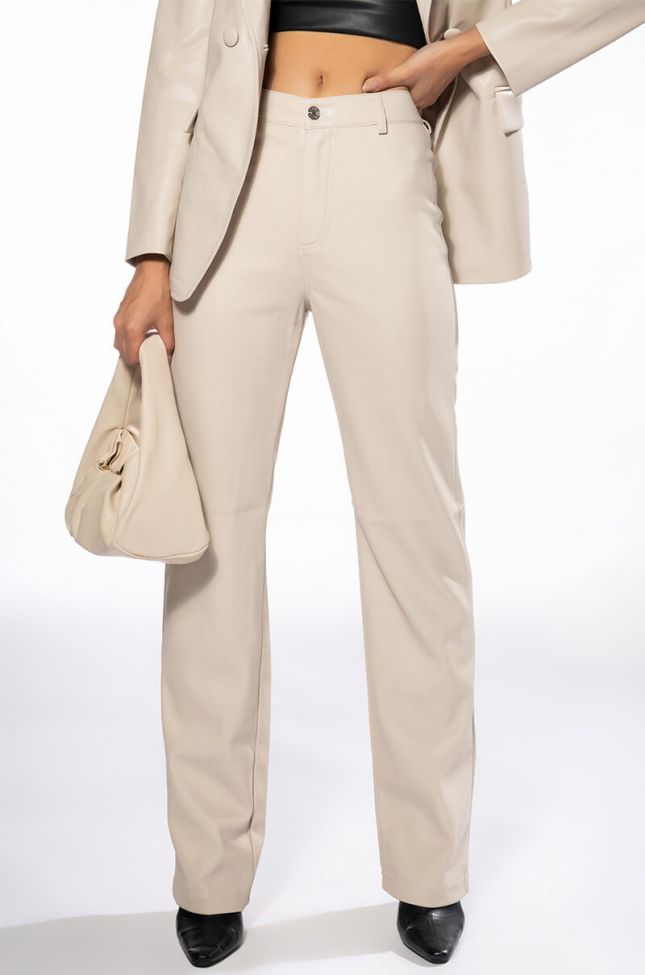 Front View Te Quiero High Rise Vegan Leather Straight Leg Pants In Ivory