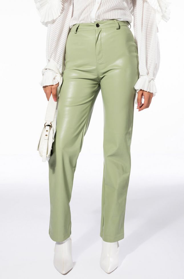 Front View Te Quiero High Rise Vegan Leather Straight Leg Pants In Mint