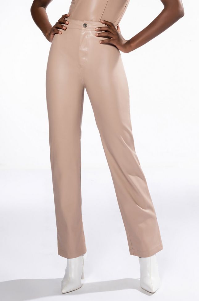 Front View Te Quiero High Rise Vegan Leather Straight Leg Pants In Pink