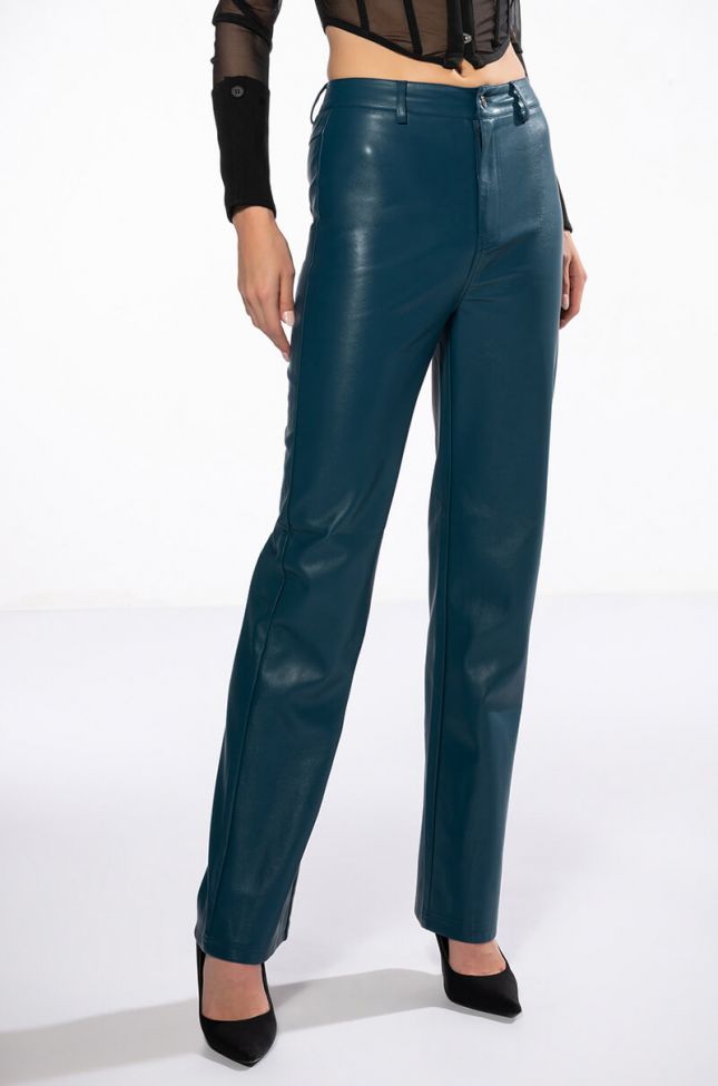 Front View Te Quiero High Rise Vegan Leather Straight Leg Pants In Teal