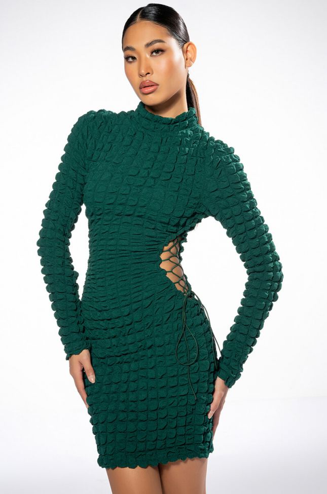 TEMPTING TEXTURED LONG SLEEVE MINI DRESS WITH CUTOUT DETAILS