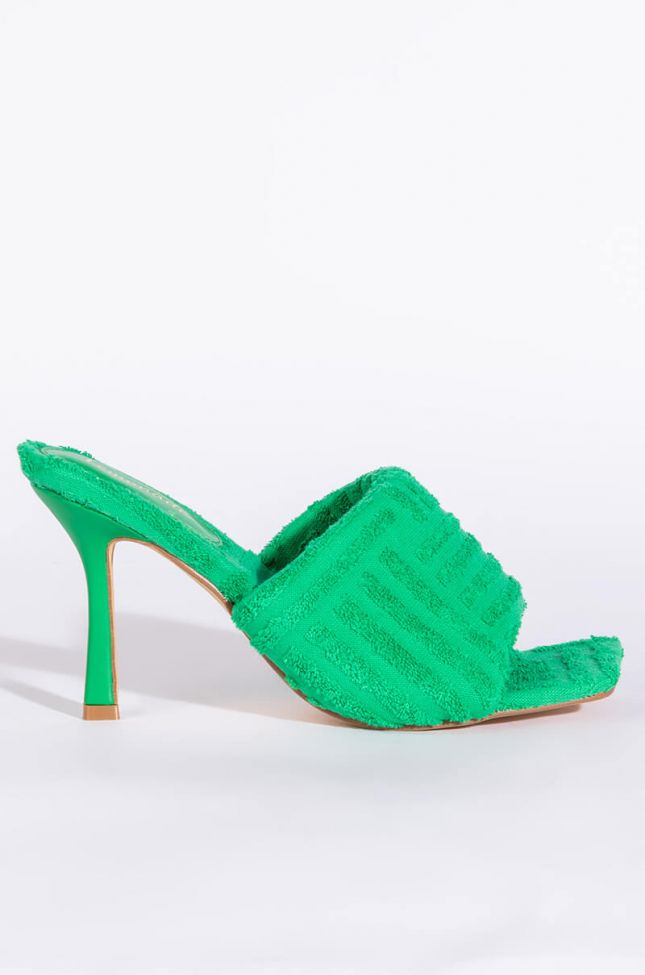 Front View Terry Cloth Stiletto Mule In Green