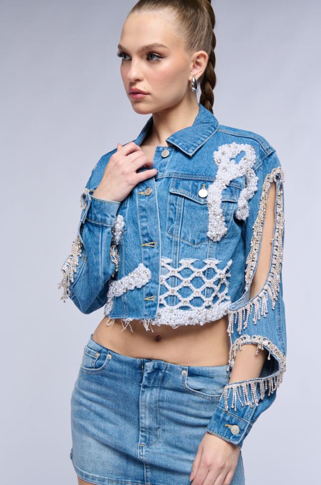 Side View Texas Bound Rhinestone Fringe Pearl Crop Denim Jacket With Cut Out Sleeve
