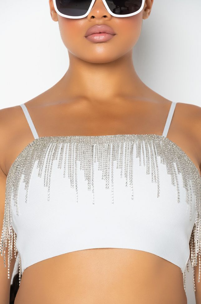 Detail View Thank Me Later Blouse With Rhinestone Fringe in White