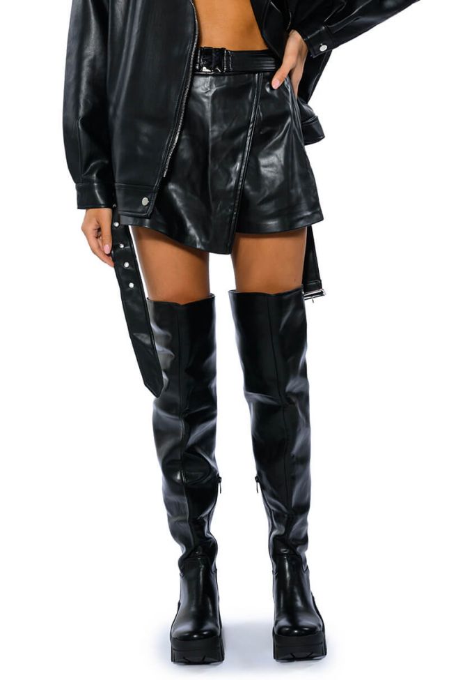 Back View The Baddest Belted Faux Leather Skort With 4 Way Stretch