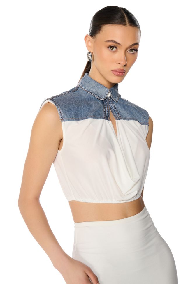 Front View The Blame Game Denim Detail Cap Sleeve Crop Blouse In White