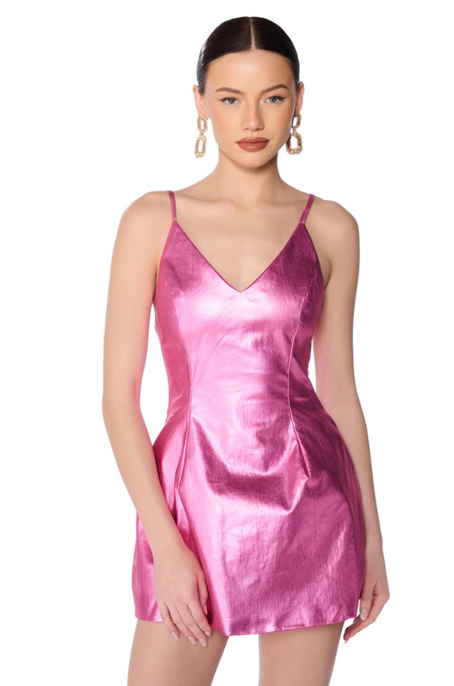 Side View The Great Escape Metallic Mini Dress In Pink