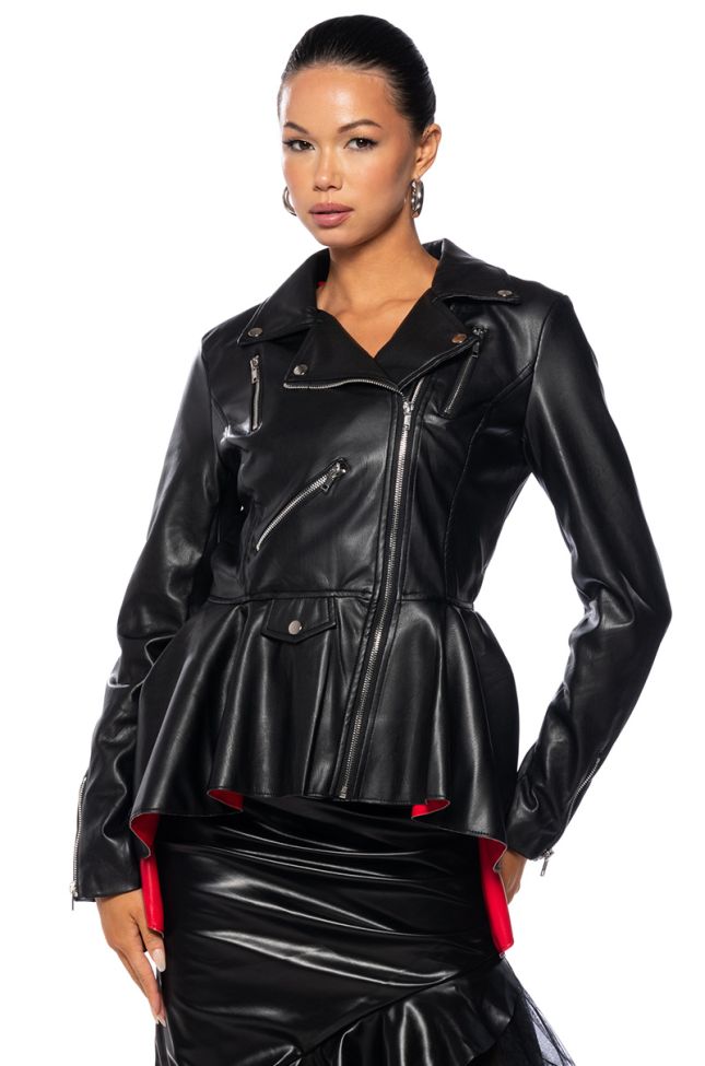 Front View The Late Great High Low Peplum Moto Jacket