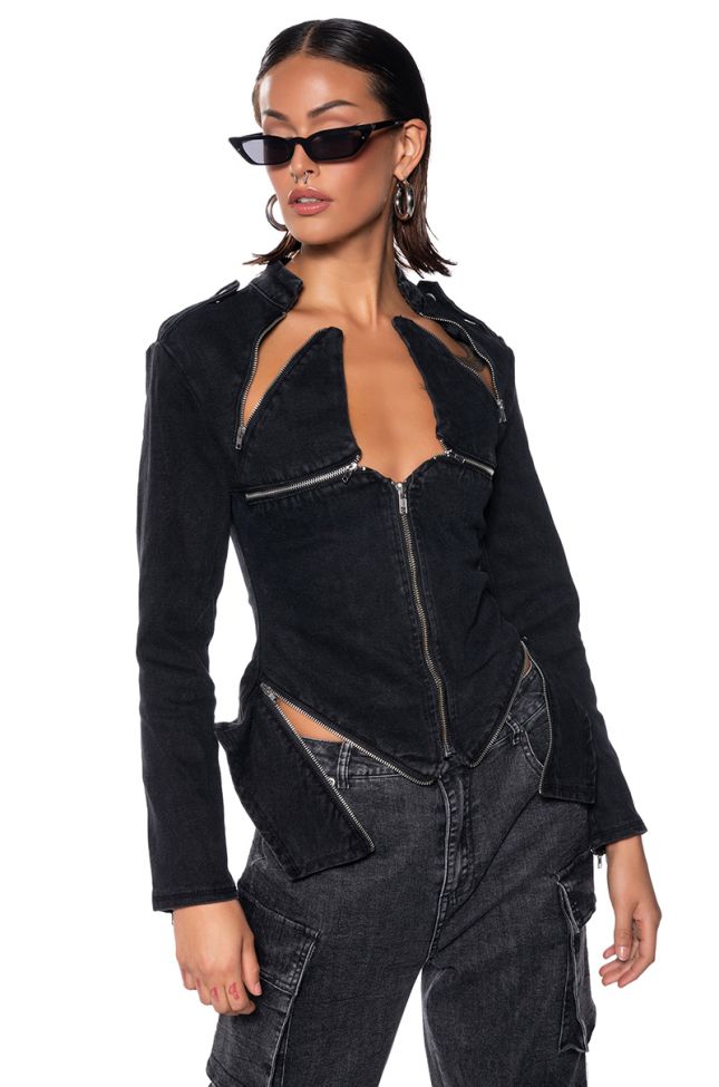 Side View The Lydia Zip Up Denim Jacket Top