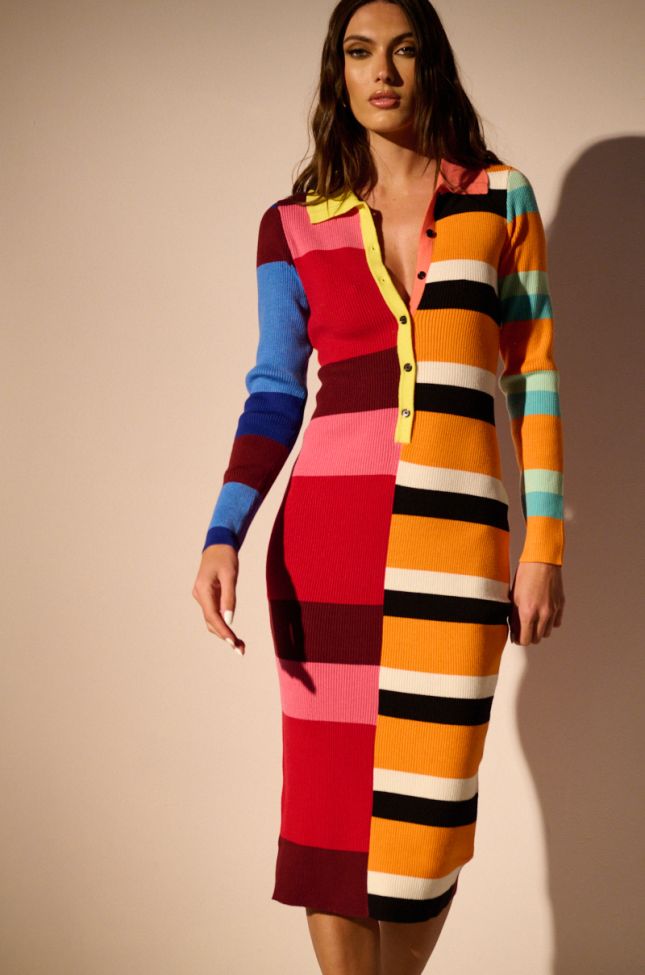 Front View The Main Attraction Color Blocked Midi Dress