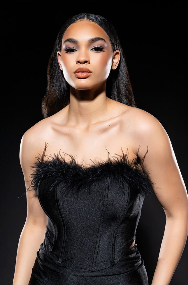 THE MOMENT FEATHER DETAIL CORSET IN BLACK