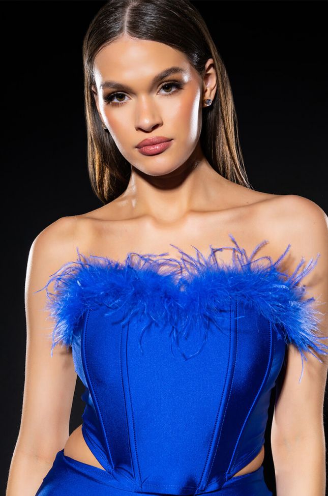 THE MOMENT FEATHER DETAIL CORSET IN BLUE