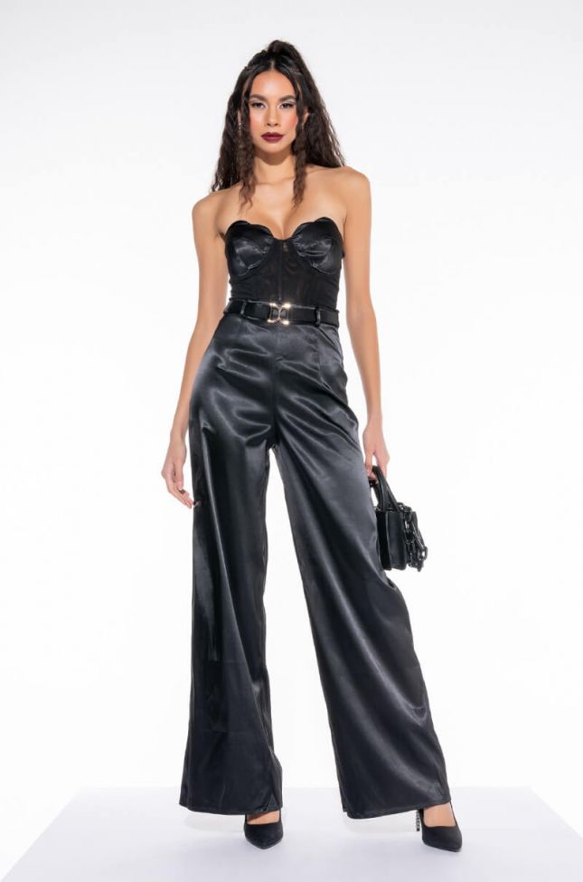Front View The One And Only Wide Leg Strapless Jumpsuit With Attached Belt