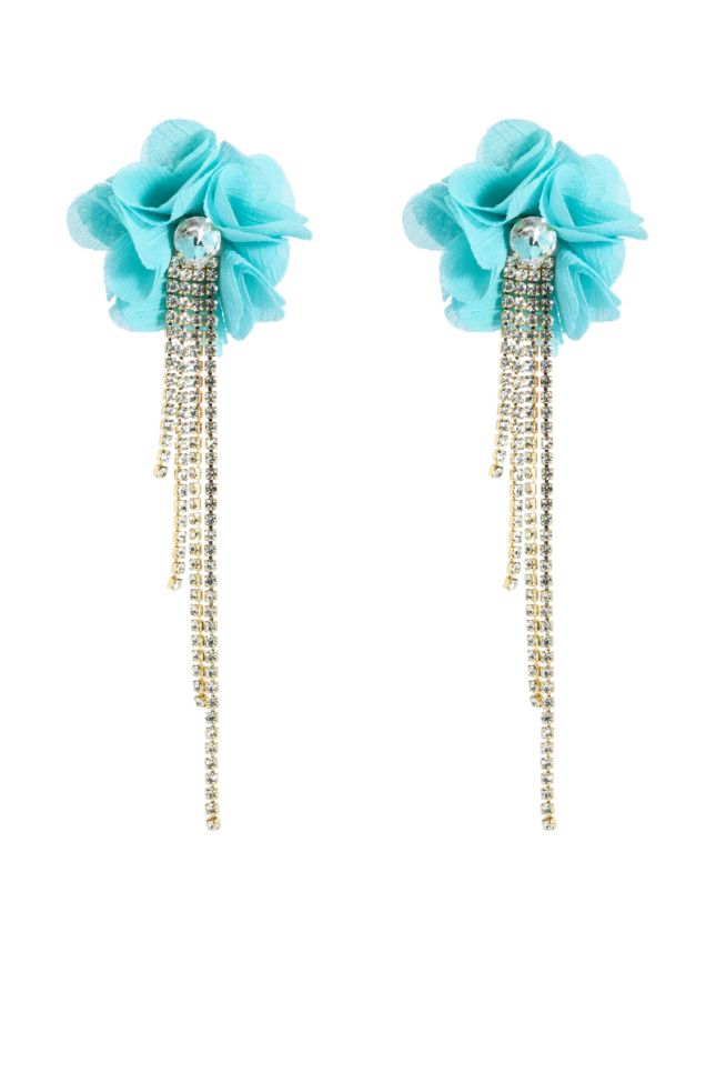 Side View The Only One Embellished Fringe Flower Earrings In Blue