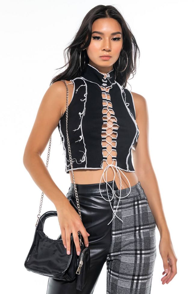 Front View The Standard Feature Lace Up Crop Top