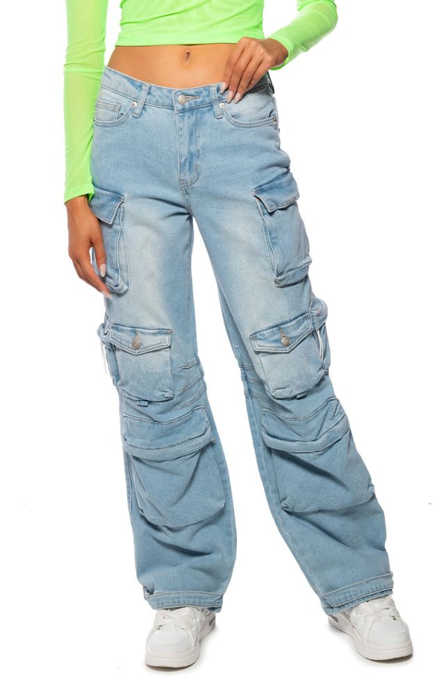 Front View The Ultimate Denim Cargo Pant In Light Blue Denim