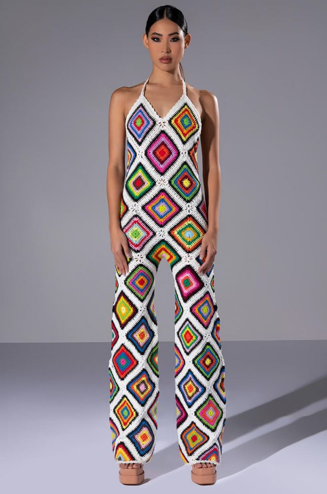 THE WAY YOU GROOVE CROCHET HALTER JUMPSUIT IN WHITE MULTI